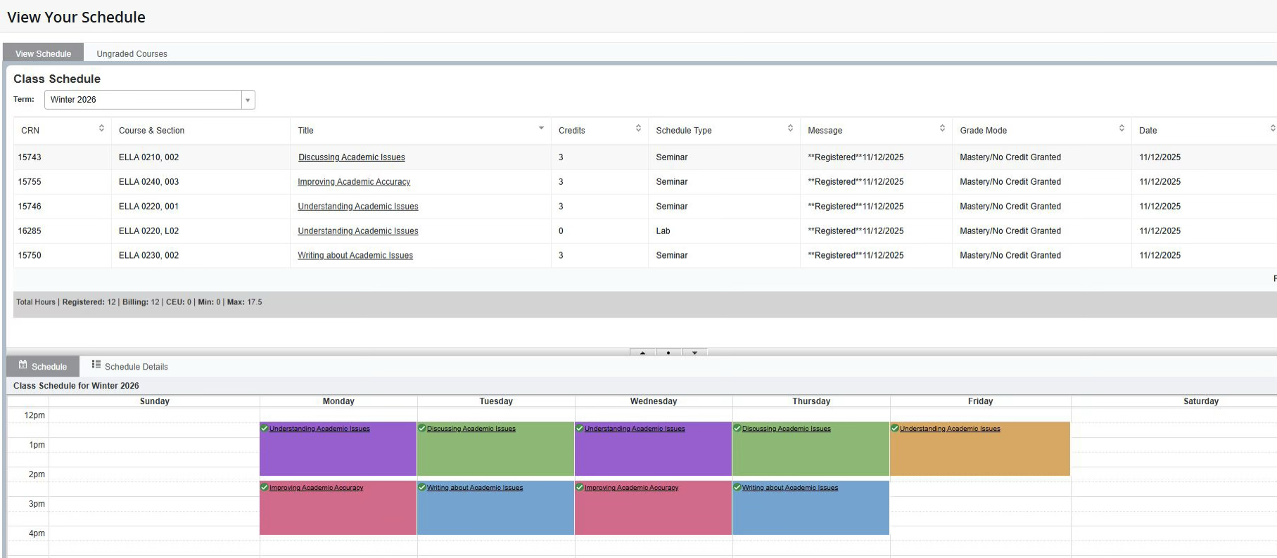 더글라스 컬리지 
ELLA 샘플 시간표